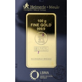Niemcy, sztabka złota, 100 gram Au 999, Heimerle Meule, LBMA