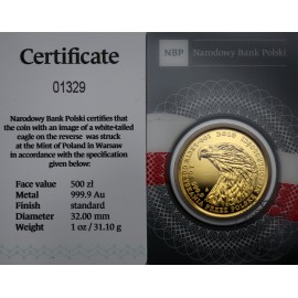 Polska, III RP, 500 złotych, 2019, Orzeł Bielik, uncja złota, niski nakład 500 sztuk