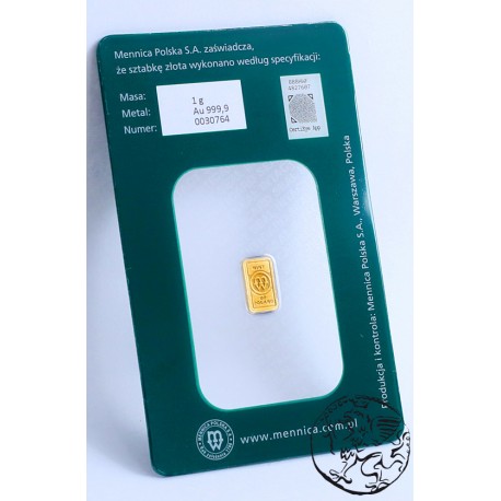 Polska, Mennica Polska, sztabka, 1 gram, Au 999