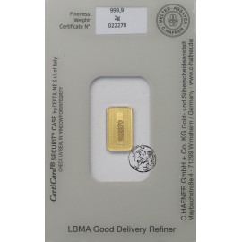 Sztabka złota, 2 gramy, Au 999, Hafner