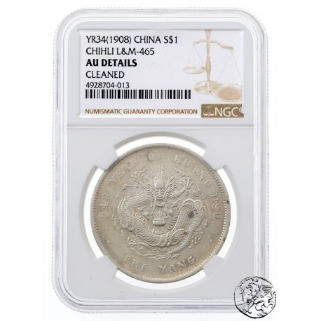 Chiny, 1 Dolar, 1908, Chihli L&M-465, AU Details