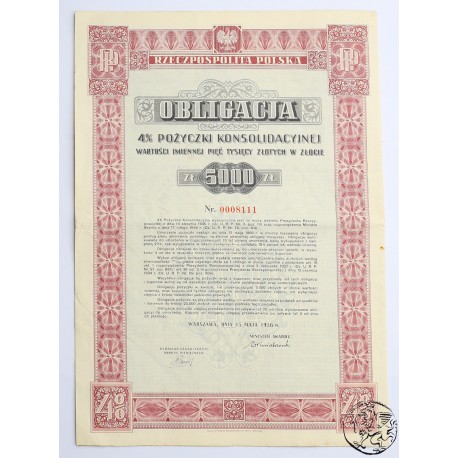 Polska, obligacja 5000 złotych, 4% pożyczki konsolidacyjnej 1936