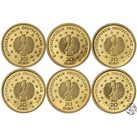 Niemcy, 6 x 20 euro, 2010-2015 A, Niemieckie Lasy, komplet