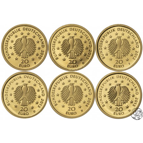 Niemcy, 6 x 20 euro, 2010-2015 A, Niemieckie Lasy, komplet