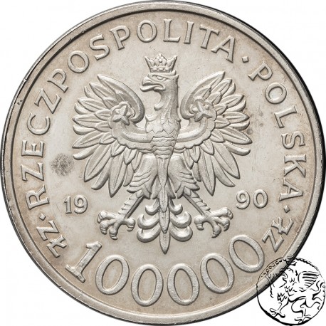 III RP, 100000 złotych, 1990, Solidarność, uncja Ag 999