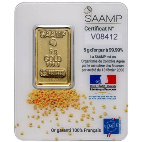 SAAMP, sztabka złota 5 gram, Au 999