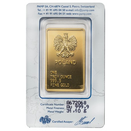 Szwajcaria, sztabka, 1 uncja, Au 999, Pamp, Poland