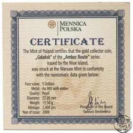 Niue, 5 dolar&oacute;w, 2008, Szlak Bursztynowy, Gdańsk